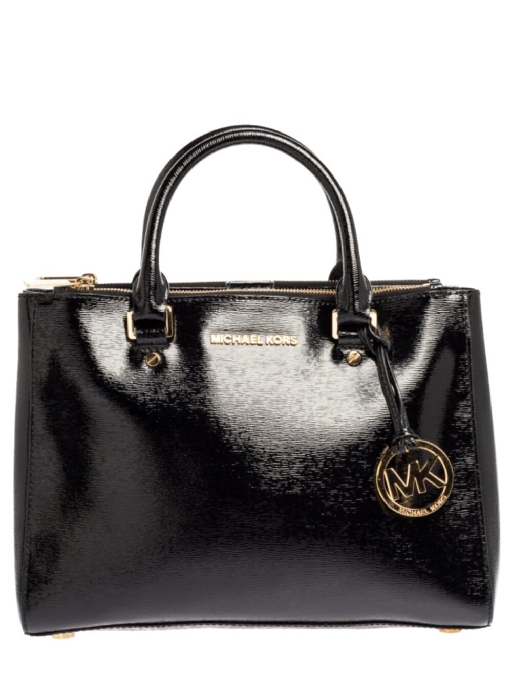 Michael Kors Sutton Patent Leather Satchel Tote Bag Black Gold